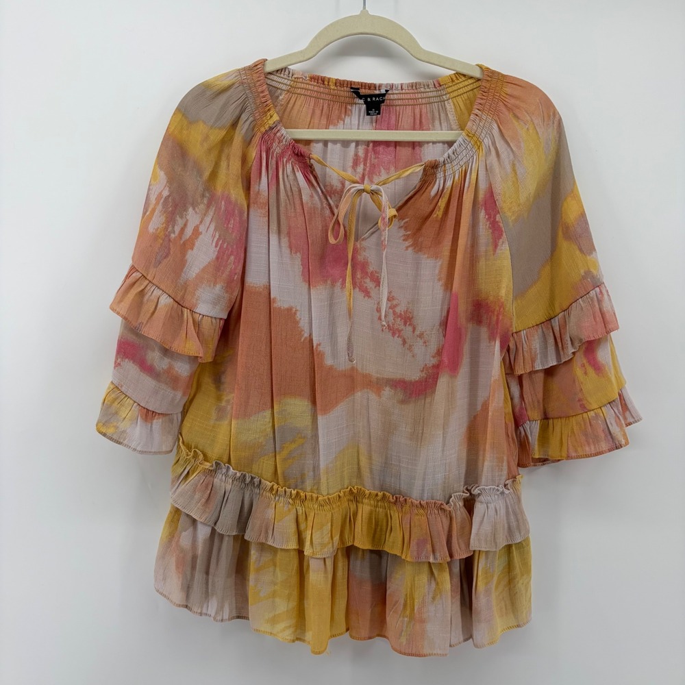 Zac & Rachel Womens Small Multicolor Blouse Ruffle Tiered Sleeve Boho Watercolor